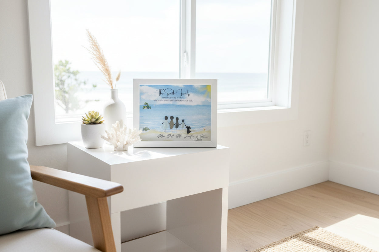 Framed artwork of a family with a dog on a beach, personalized with 'The Smith Family' and names.