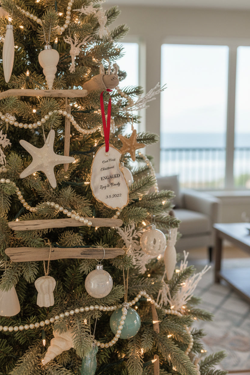 A personalized engagement ornament made of oyster shell with gold gilded edges, displaying a message that reads 'Our First Christmas Engaged', with a date '3.2.2022' below the text. The ornament is hanging from a red ribbon, placed against a backdrop of pine needles.