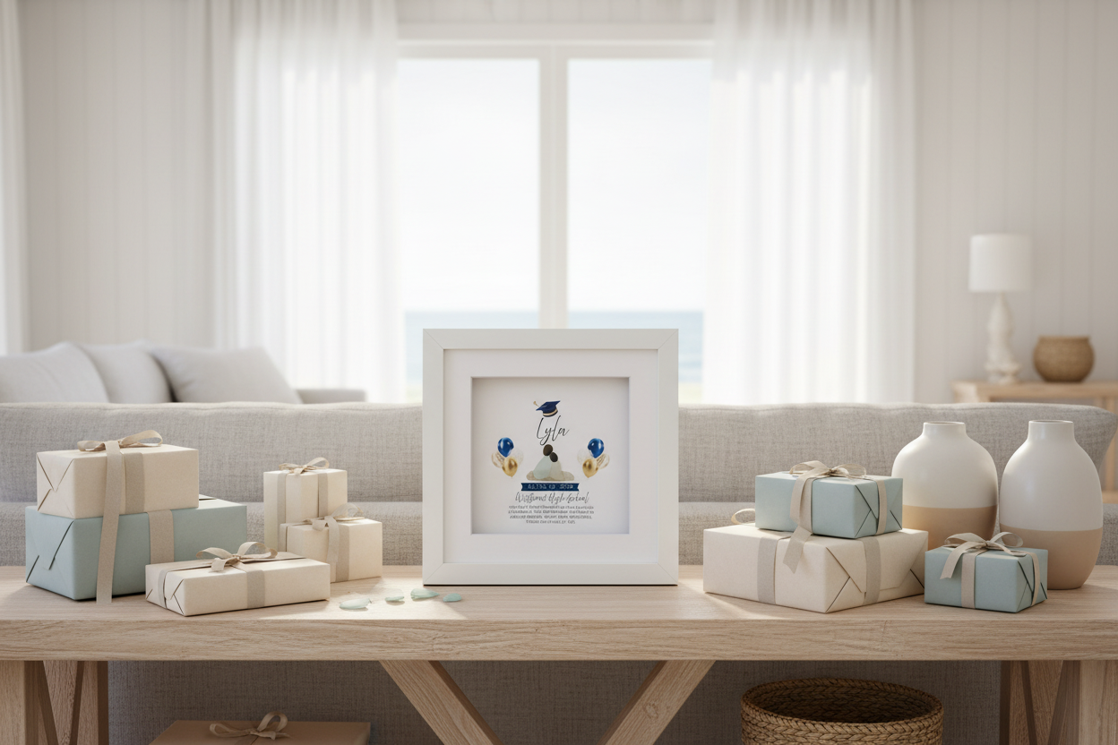 Framed sea glass artwork on a wooden table with decorative items in a living room setting