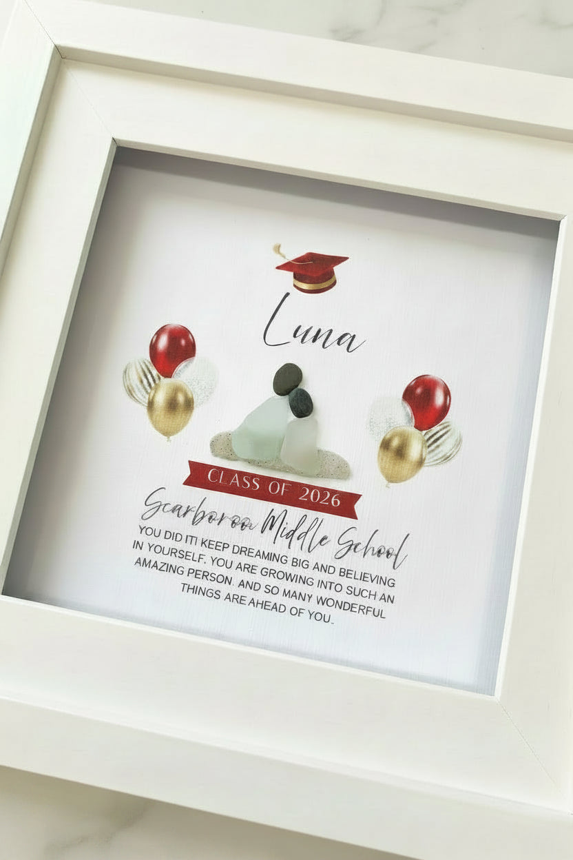 Framed graduation-themed sea glass  artwork with text and graphics on a white background