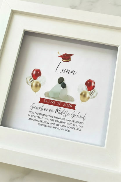 Framed graduation-themed sea glass  artwork with text and graphics on a white background