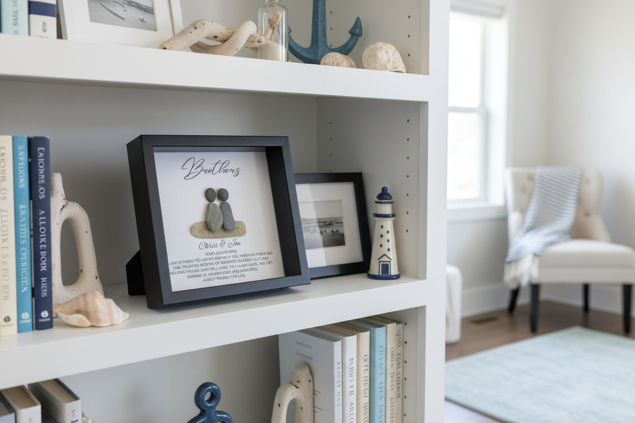 Two pebble brothers sitting next to each other with their names under and a short quote. Featured in a black frame.