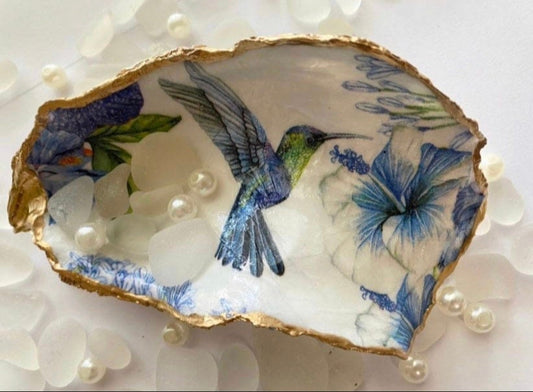 Blue Hummingbird Oyster Shell Ring Dish with Blue Flowers
