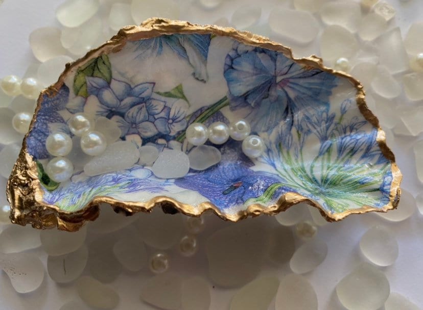 Something Blue, Elegant Flower Oyster Shell Ring Dish, Gift for the Bride, Bridal Party Gifts, Beach Wedding, Hostess Gift, Birthday Gifts