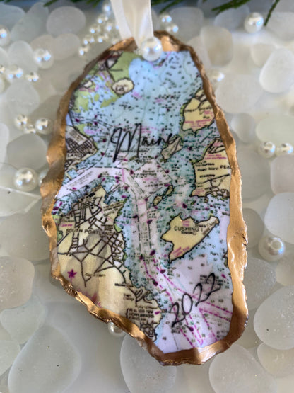 Maine Christmas Ornaments-Custom Casco Bay Oyster Shell/Maine/Maine Art/Maine Gift/Portland Maine/Maine Map/Casco Bay/NOAA Chart/Travel