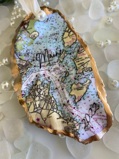 Maine Christmas Ornaments-Custom Casco Bay Oyster Shell/Maine/Maine Art/Maine Gift/Portland Maine/Maine Map/Casco Bay/NOAA Chart/Travel