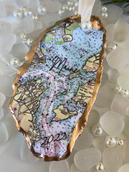 Maine Christmas Ornaments-Custom Casco Bay Oyster Shell/Maine/Maine Art/Maine Gift/Portland Maine/Maine Map/Casco Bay/NOAA Chart/Travel