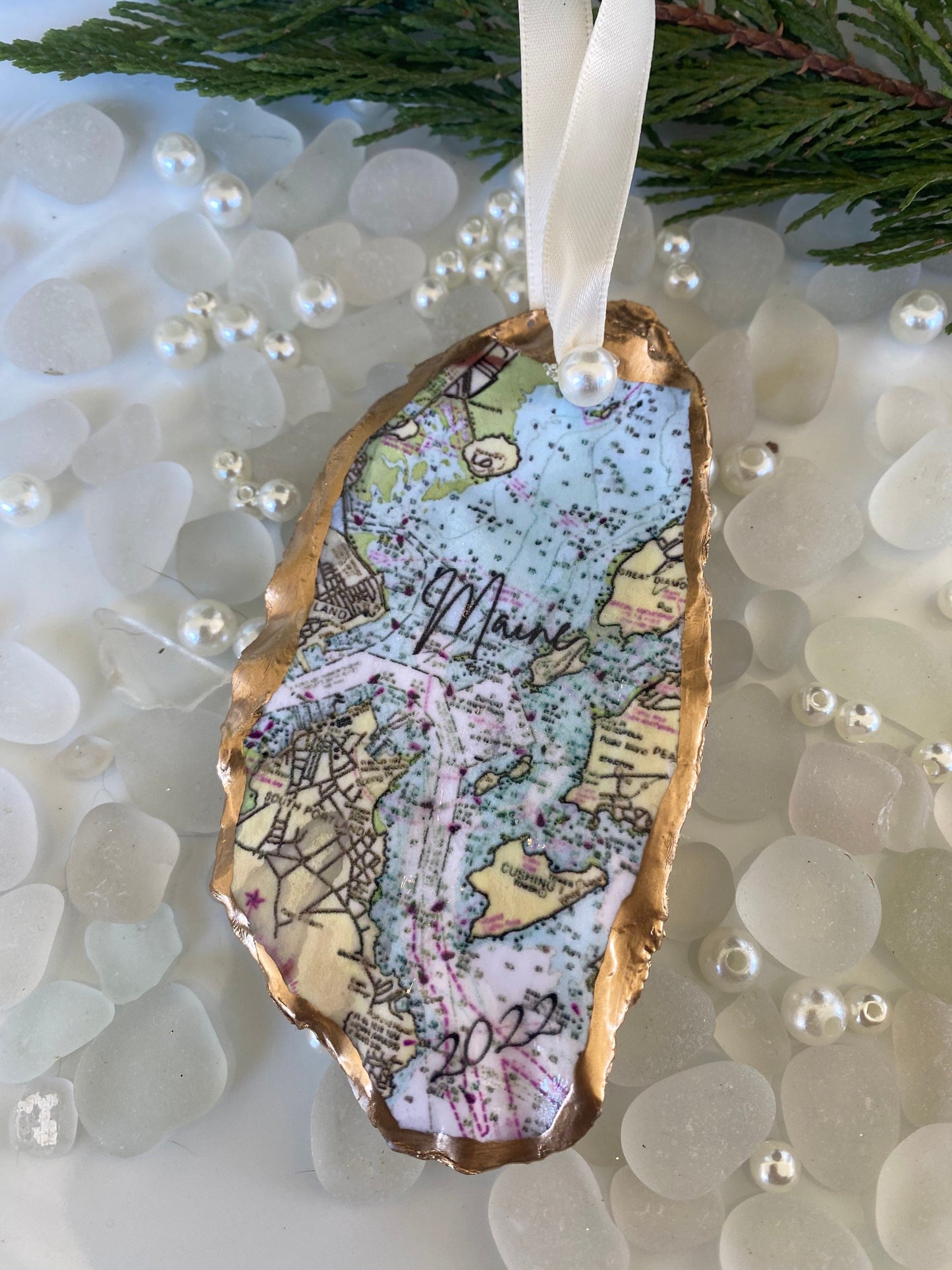 Maine Christmas Ornaments-Custom Casco Bay Oyster Shell/Maine/Maine Art/Maine Gift/Portland Maine/Maine Map/Casco Bay/NOAA Chart/Travel