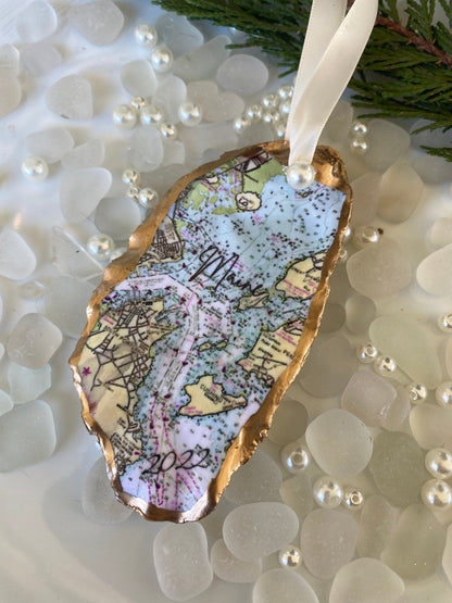 Maine Christmas Ornaments-Custom Casco Bay Oyster Shell/Maine/Maine Art/Maine Gift/Portland Maine/Maine Map/Casco Bay/NOAA Chart/Travel