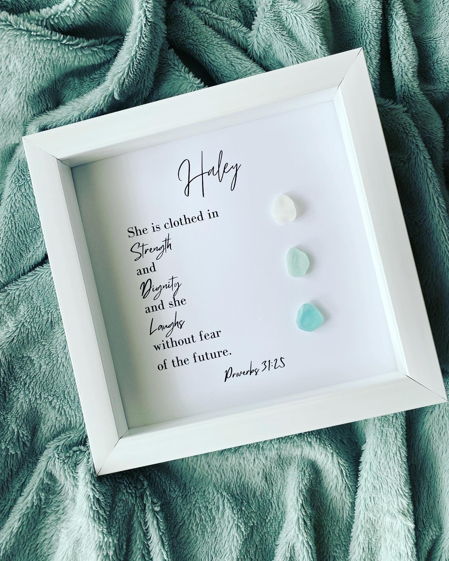 Religious Gift | Personalized Friend Gift | Sea Glass Poem | Proverbs 31:25 | Inspirational Scripture Sign Wall Art | Birthday Gift for Friend | Unique Pebble Art | BFF Gift