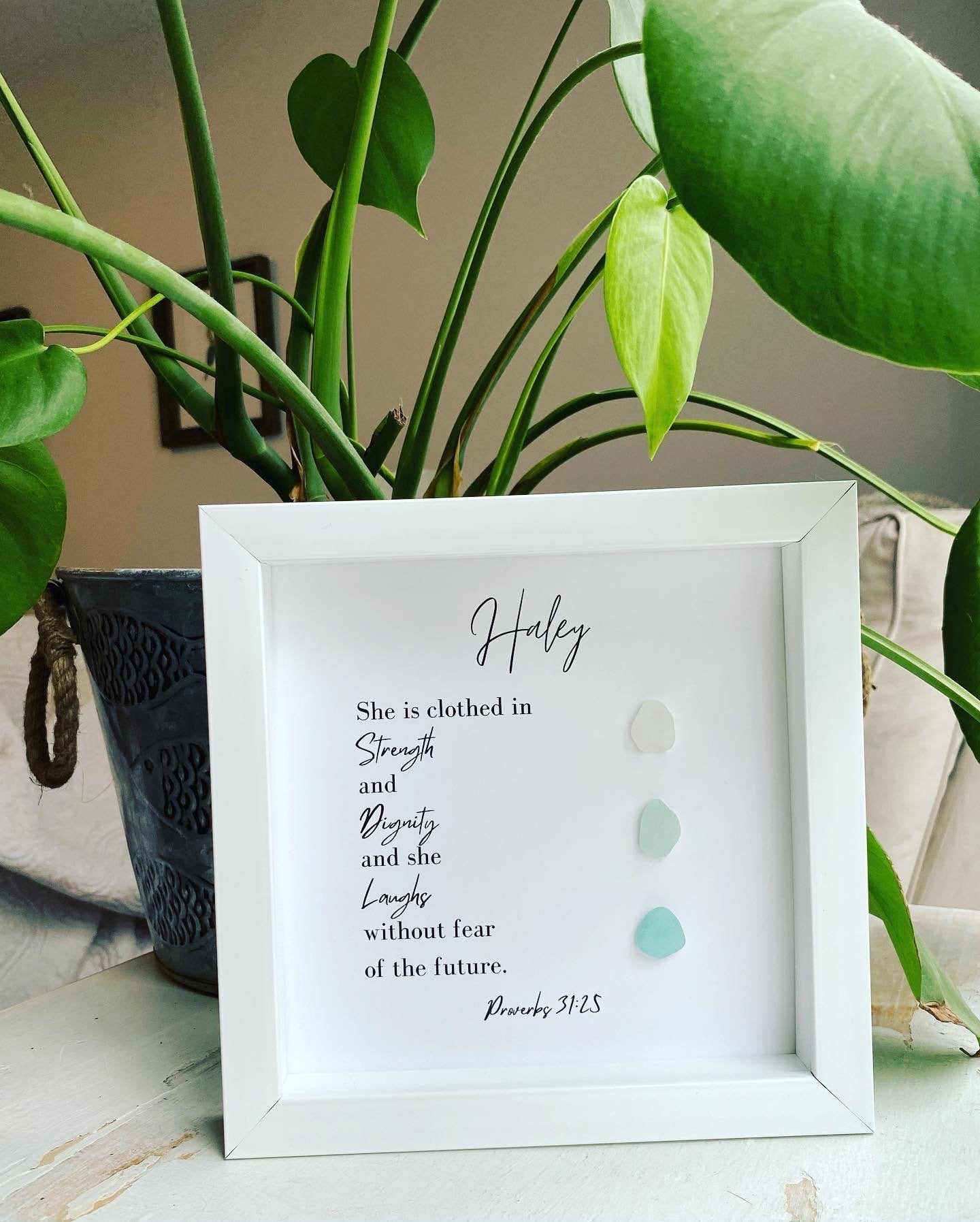 Religious Gift | Personalized Friend Gift | Sea Glass Poem | Proverbs 31:25 | Inspirational Scripture Sign Wall Art | Birthday Gift for Friend | Unique Pebble Art | BFF Gift