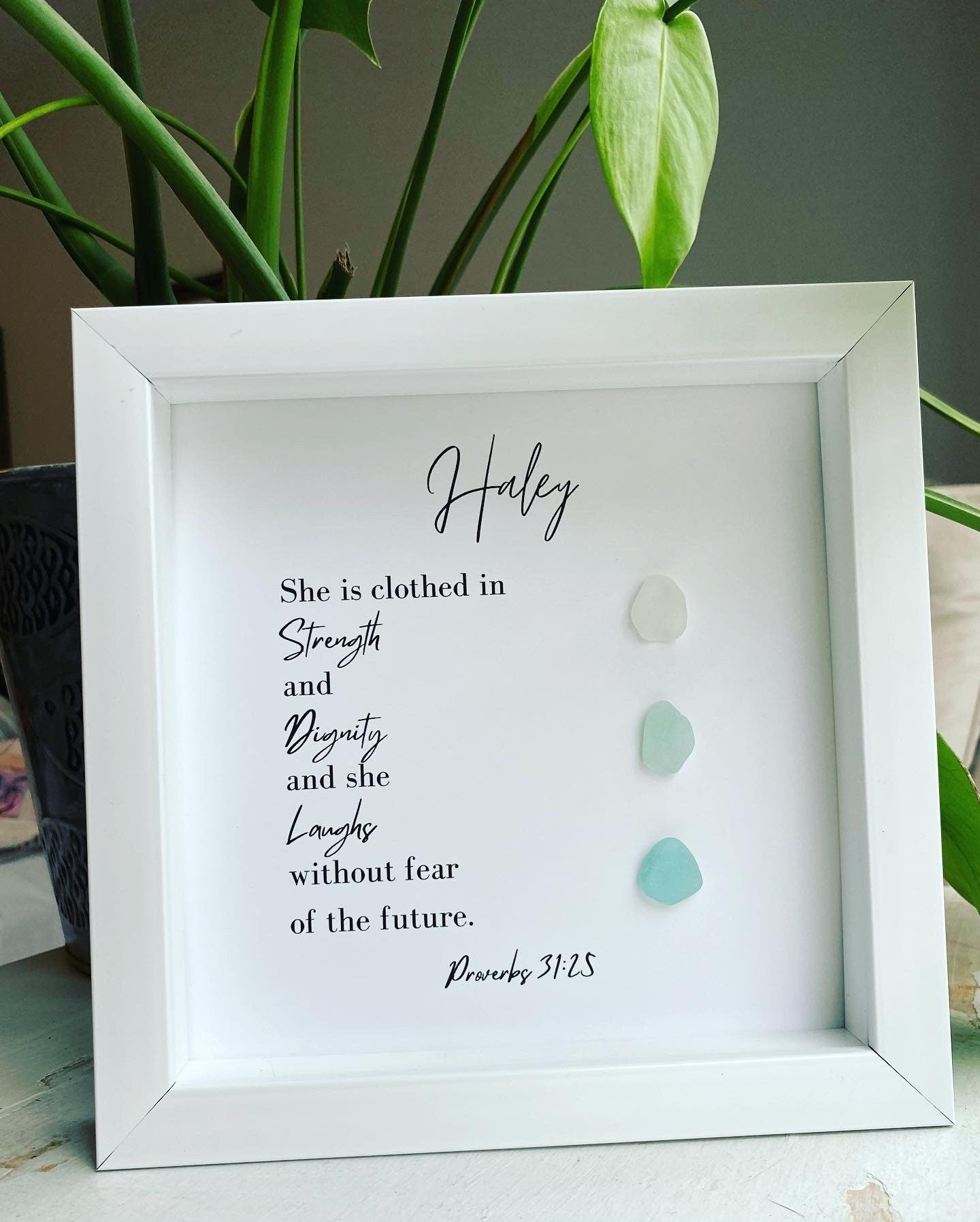 Religious Gift | Personalized Friend Gift | Sea Glass Poem | Proverbs 31:25 | Inspirational Scripture Sign Wall Art | Birthday Gift for Friend | Unique Pebble Art | BFF Gift