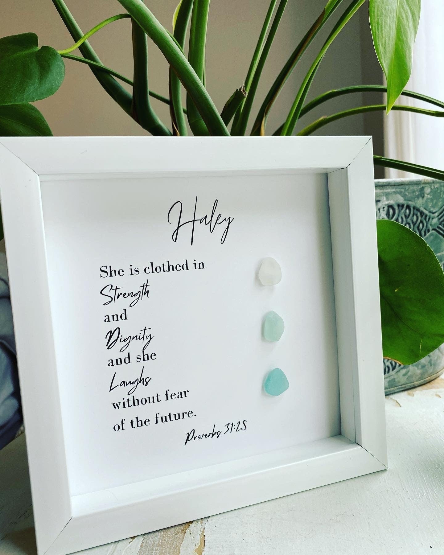 Religious Gift | Personalized Friend Gift | Sea Glass Poem | Proverbs 31:25 | Inspirational Scripture Sign Wall Art | Birthday Gift for Friend | Unique Pebble Art | BFF Gift