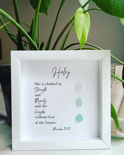 Religious Gift | Personalized Friend Gift | Sea Glass Poem | Proverbs 31:25 | Inspirational Scripture Sign Wall Art | Birthday Gift for Friend | Unique Pebble Art | BFF Gift