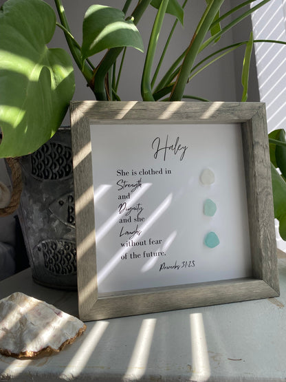 Religious Gift | Personalized Friend Gift | Sea Glass Poem | Proverbs 31:25 | Inspirational Scripture Sign Wall Art | Birthday Gift for Friend | Unique Pebble Art | Gift for Pastor or Priest