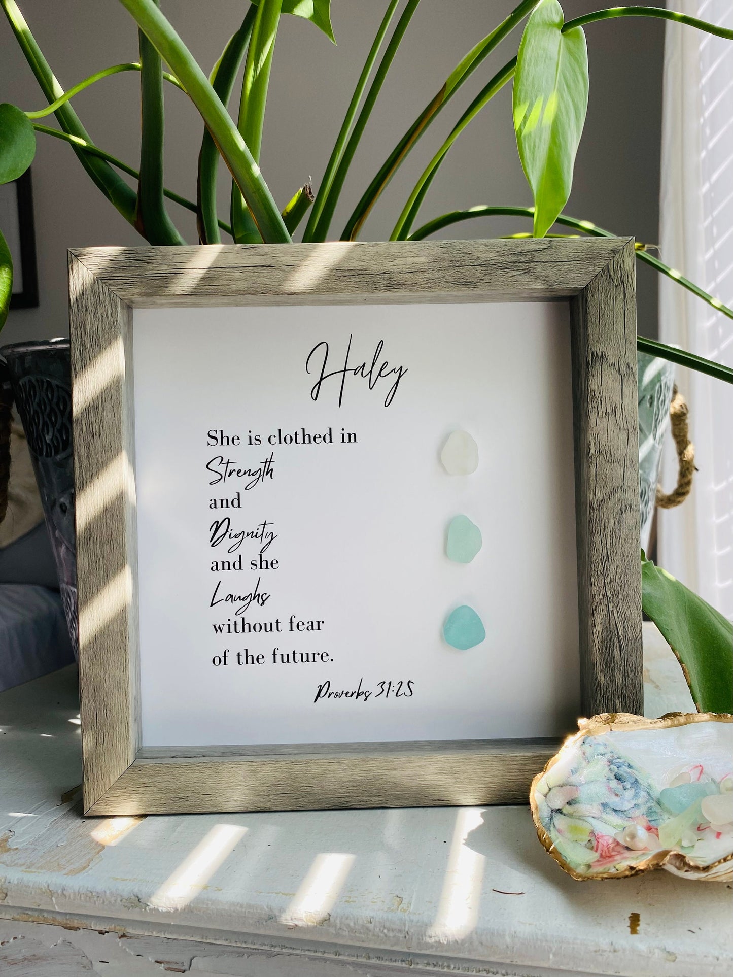 Religious Gift | Personalized Friend Gift | Sea Glass Poem | Proverbs 31:25 | Inspirational Scripture Sign Wall Art | Birthday Gift for Friend | Unique Pebble Art | Gift for Pastor or Priest