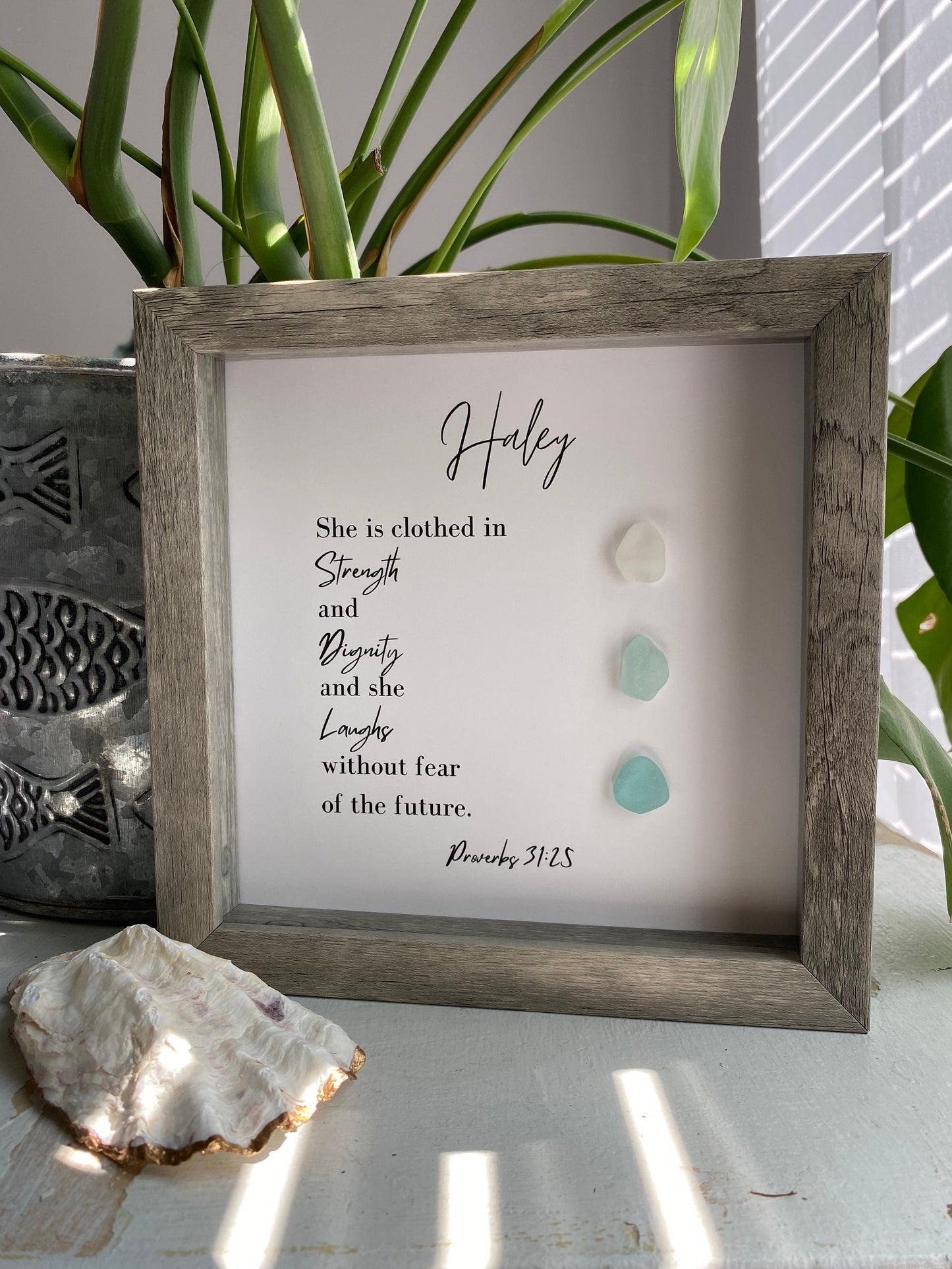 Religious Gift | Personalized Friend Gift | Sea Glass Poem | Proverbs 31:25 | Inspirational Scripture Sign Wall Art | Birthday Gift for Friend | Unique Pebble Art | Gift for Pastor or Priest