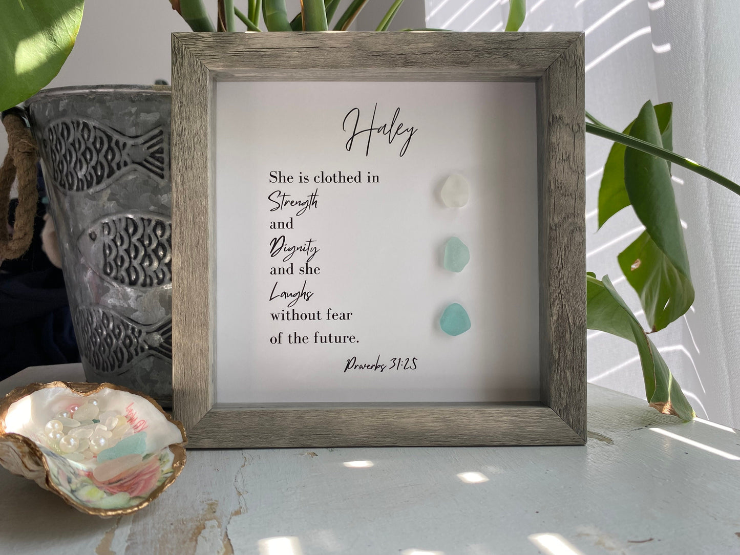 Religious Gift | Personalized Friend Gift | Sea Glass Poem | Proverbs 31:25 | Inspirational Scripture Sign Wall Art | Birthday Gift for Friend | Unique Pebble Art | Gift for Pastor or Priest