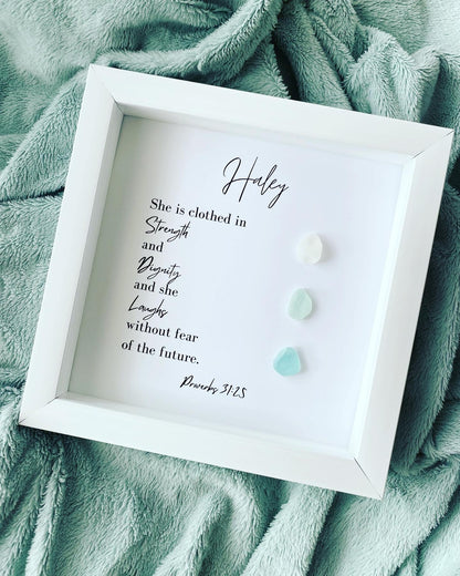 Religious Gift | Personalized Friend Gift | Sea Glass Poem | Proverbs 31:25 | Inspirational Scripture Sign Wall Art | Birthday Gift for Friend | Unique Pebble Art | BFF Gift