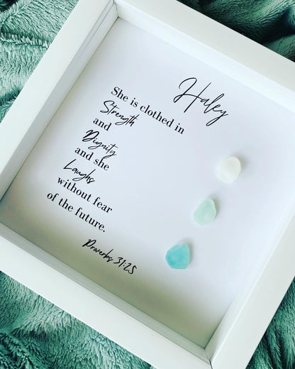 Religious Gift | Personalized Friend Gift | Sea Glass Poem | Proverbs 31:25 | Inspirational Scripture Sign Wall Art | Birthday Gift for Friend | Unique Pebble Art | BFF Gift