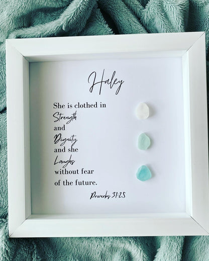 Religious Gift | Personalized Friend Gift | Sea Glass Poem | Proverbs 31:25 | Inspirational Scripture Sign Wall Art | Birthday Gift for Friend | Unique Pebble Art | BFF Gift