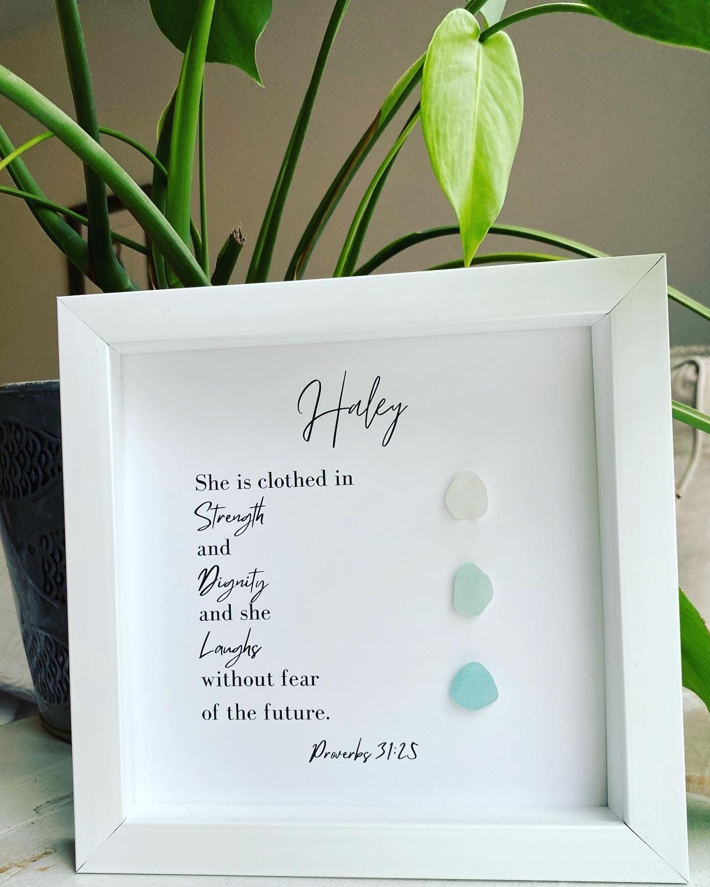 Religious Gift | Personalized Friend Gift | Sea Glass Poem | Proverbs 31:25 | Inspirational Scripture Sign Wall Art | Birthday Gift for Friend | Unique Pebble Art | BFF Gift