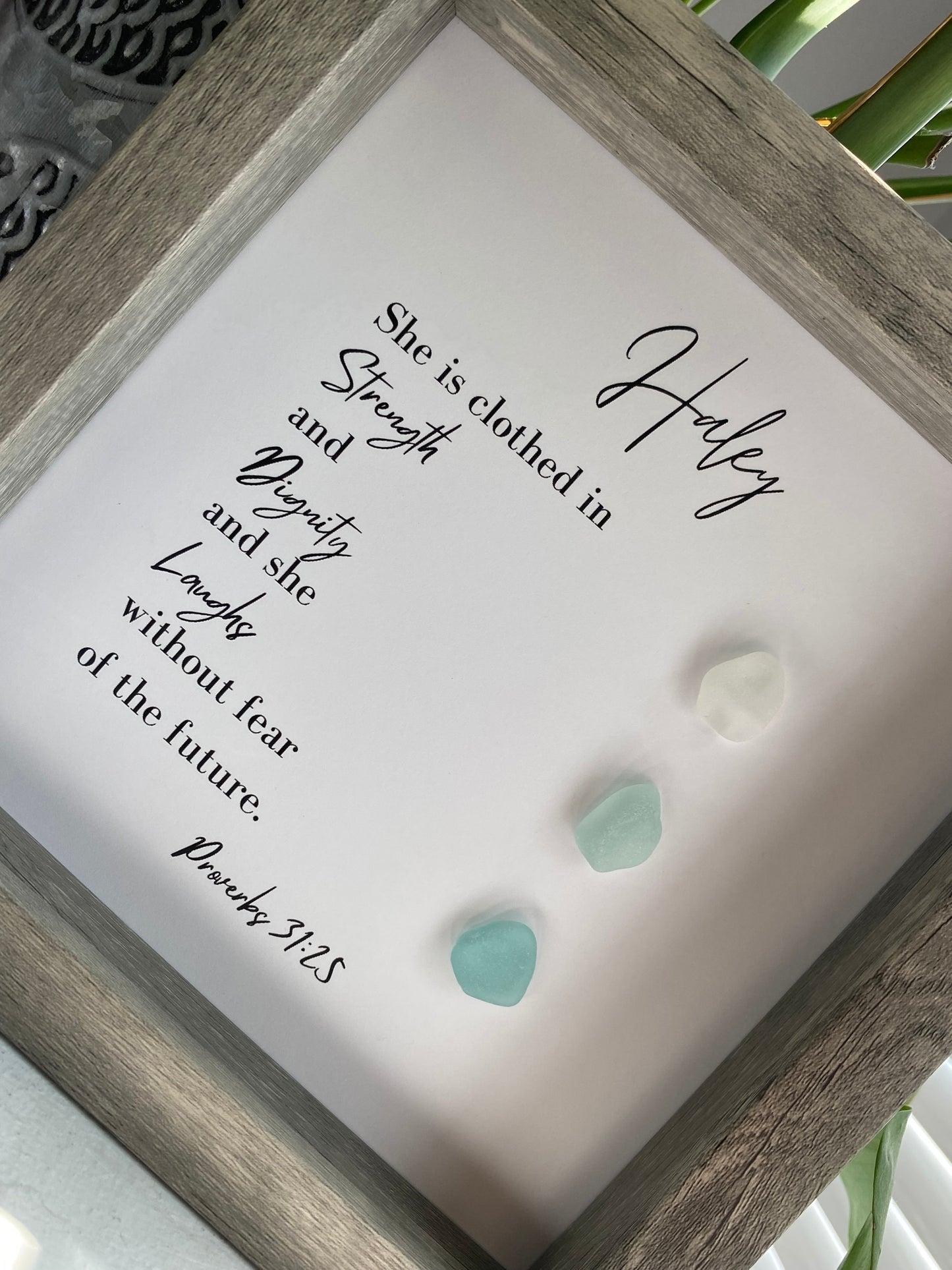 Religious Gift | Personalized Friend Gift | Sea Glass Poem | Proverbs 31:25 | Inspirational Scripture Sign Wall Art | Birthday Gift for Friend | Unique Pebble Art | Gift for Pastor or Priest