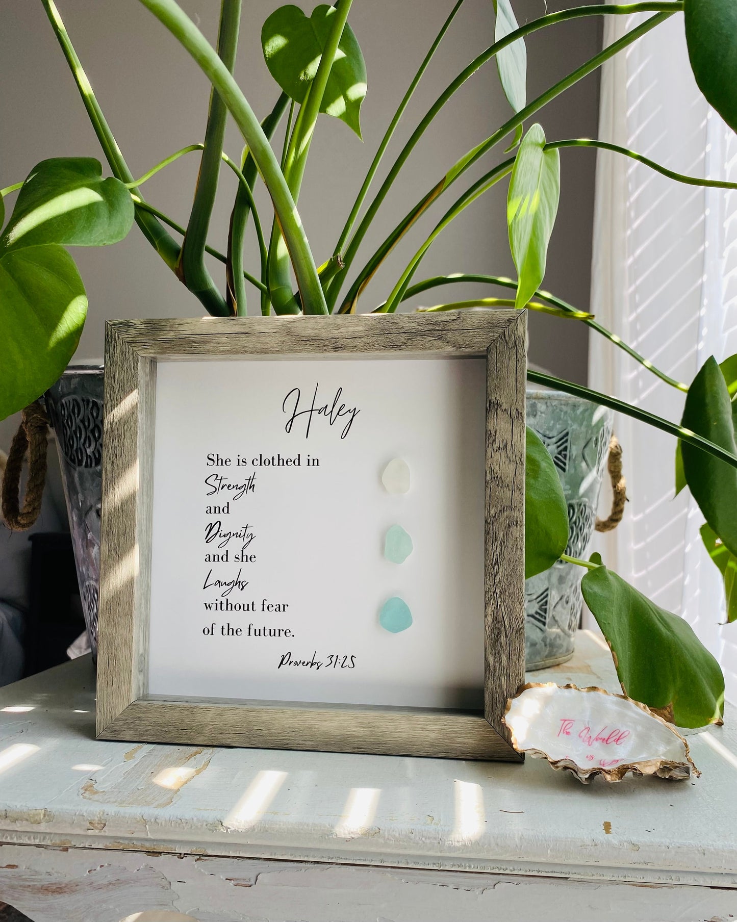 Religious Gift | Personalized Friend Gift | Sea Glass Poem | Proverbs 31:25 | Inspirational Scripture Sign Wall Art | Birthday Gift for Friend | Unique Pebble Art | Gift for Pastor or Priest