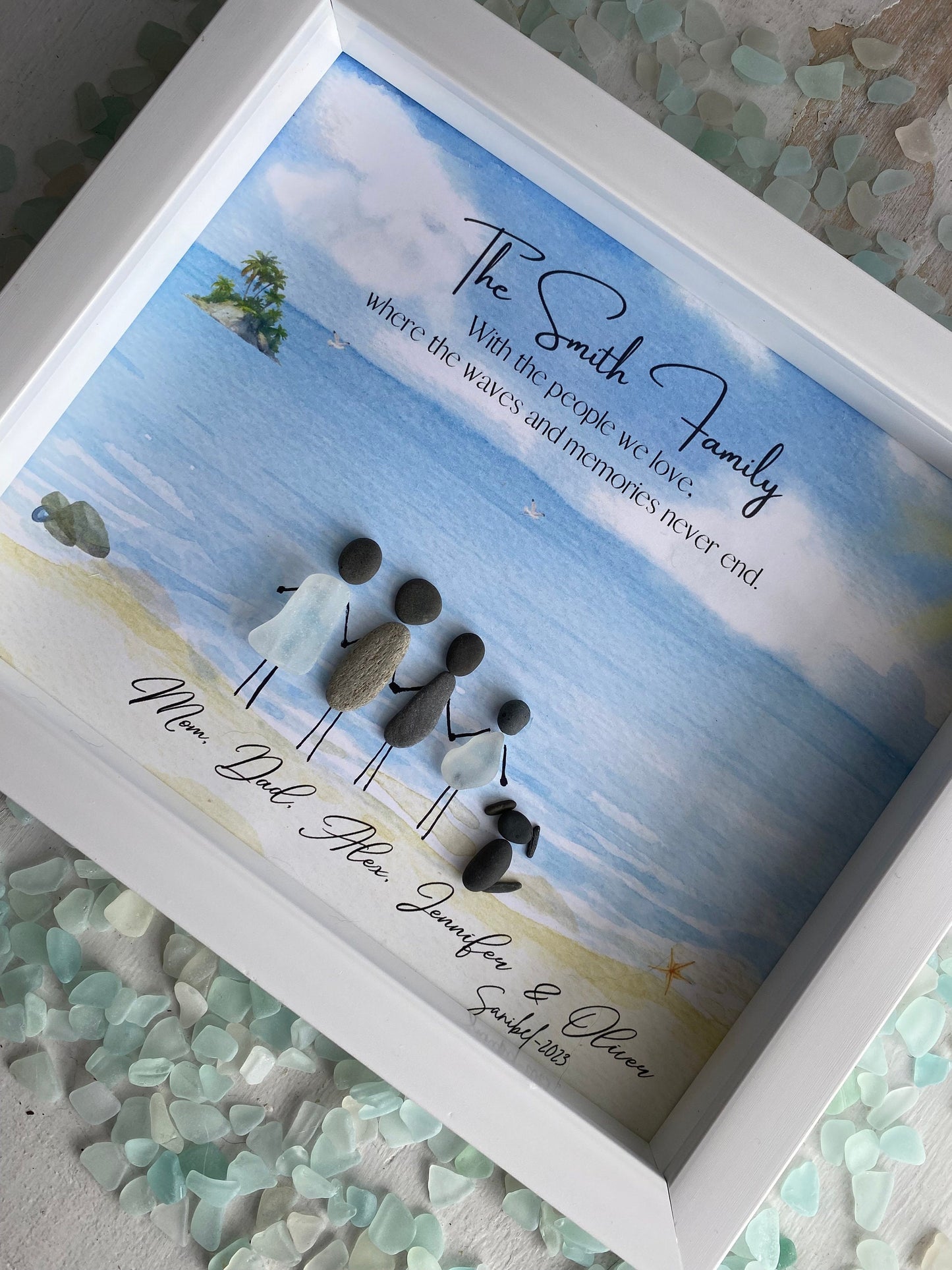 Family Sea Glass Art Personalized Beach Picture Family Pebble Art Sea Glass Art Birthday Gift for Her Gifts for Mom Birthday Gift for Dad