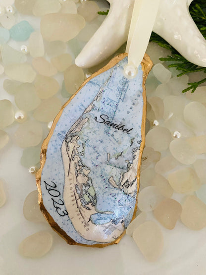 Sanibel Island Oyster Shell Christmas Ornament Personalized/Sanibel Strong/Florida/Sanibel Island/NOAA Chart/Captiva/Art/Sanibel Lighthouse