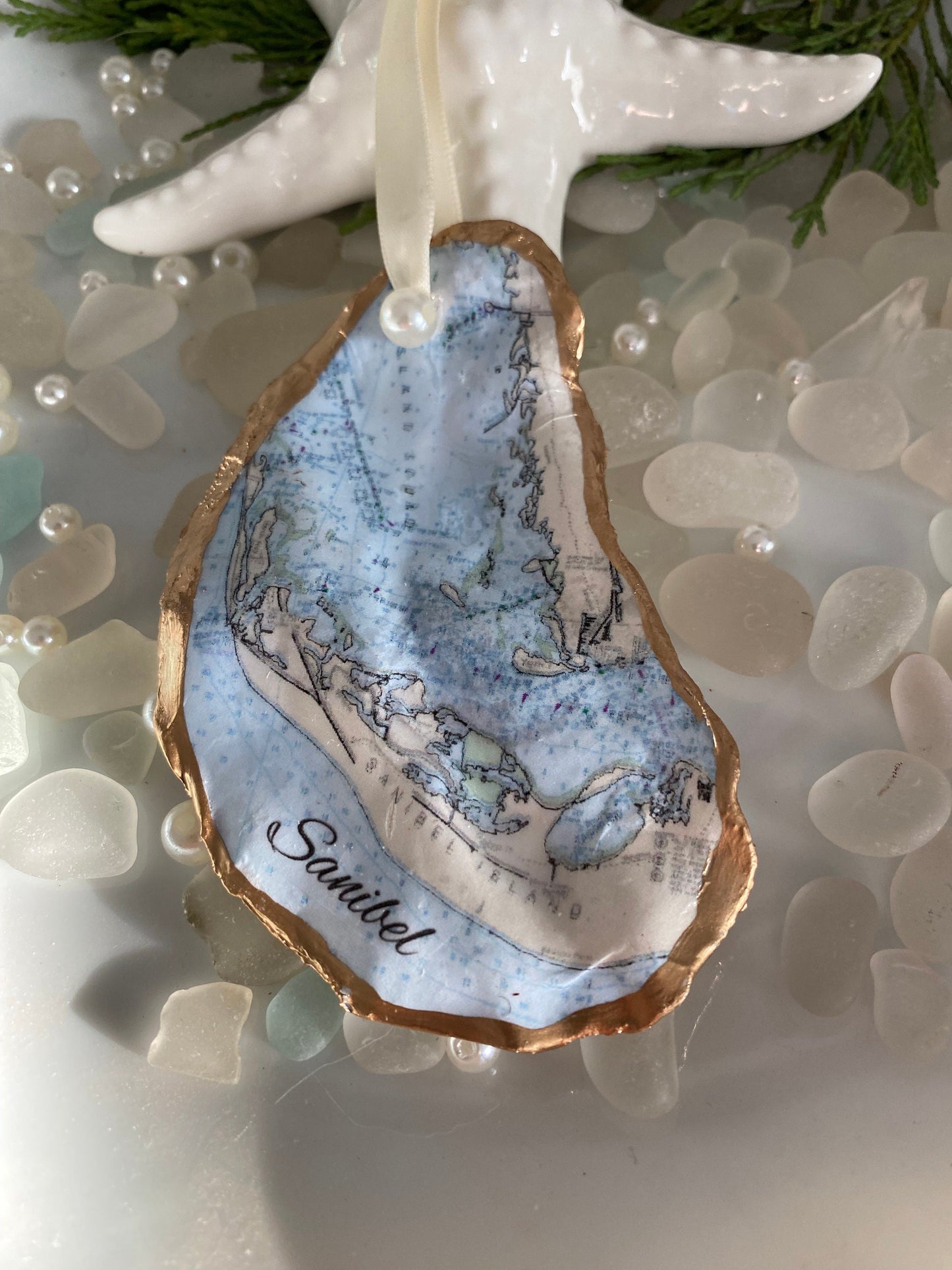 Sanibel Island Oyster Shell Christmas Ornament Personalized/Sanibel Strong/Florida/Sanibel Island/NOAA Chart/Captiva/Art/Sanibel Lighthouse