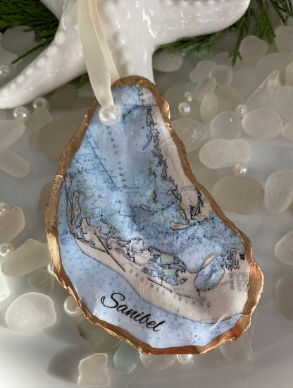 Sanibel Island Oyster Shell Christmas Ornament Personalized/Sanibel Strong/Florida/Sanibel Island/NOAA Chart/Captiva/Art/Sanibel Lighthouse