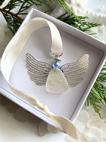 Guardian Angel Sea Glass Ornament Christmas Gift for her Angel Gift Ornaments Car Charm Angel Wings Sun Catcher Grief Gift Glass Art Gift B