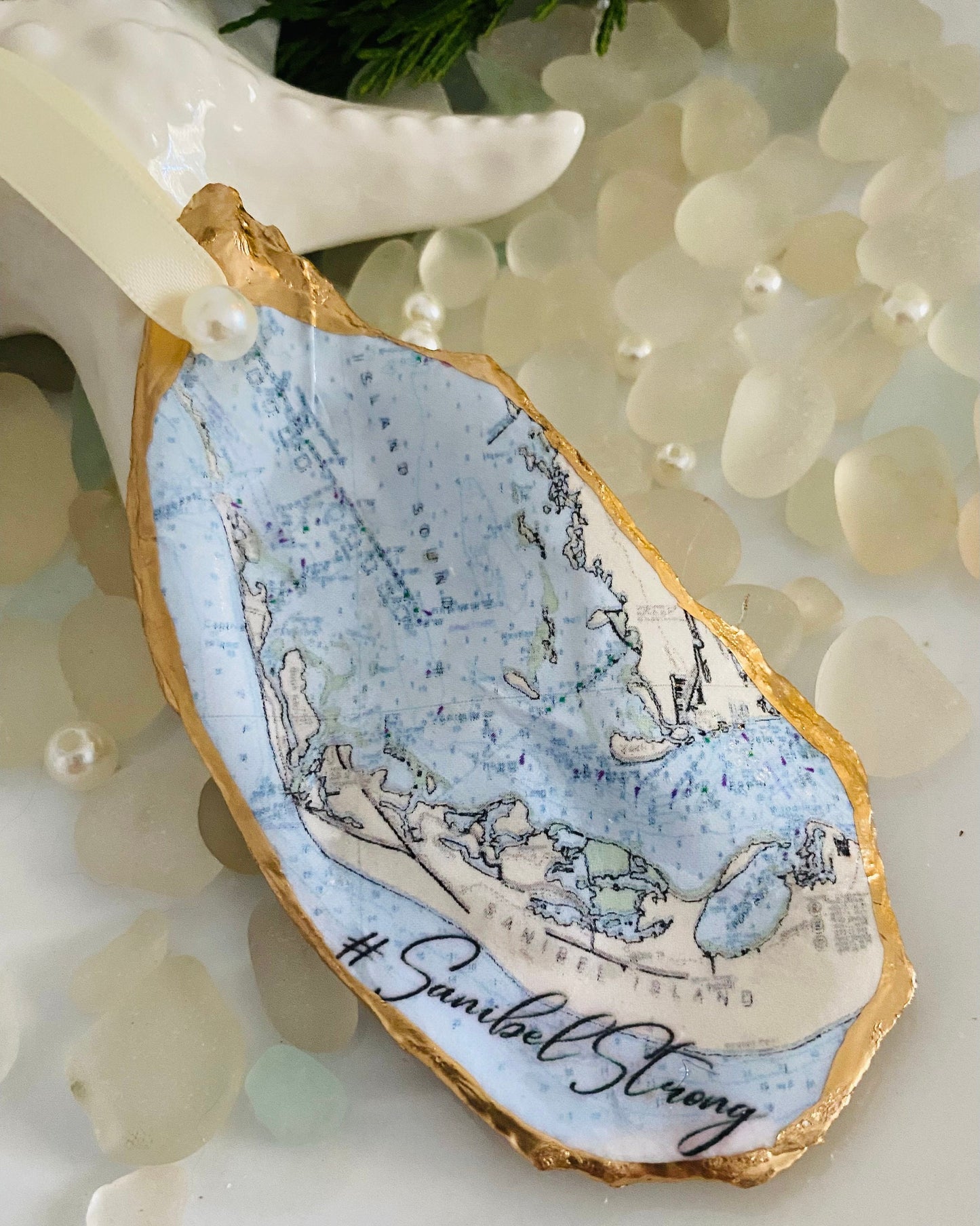 Sanibel Island Oyster Shell Christmas Ornament Personalized/Sanibel Strong/Florida/Sanibel Island/NOAA Chart/Captiva/Art/Sanibel Lighthouse