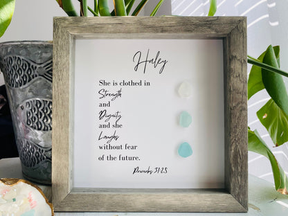 Religious Gift | Personalized Friend Gift | Sea Glass Poem | Proverbs 31:25 | Inspirational Scripture Sign Wall Art | Birthday Gift for Friend | Unique Pebble Art | Gift for Pastor or Priest