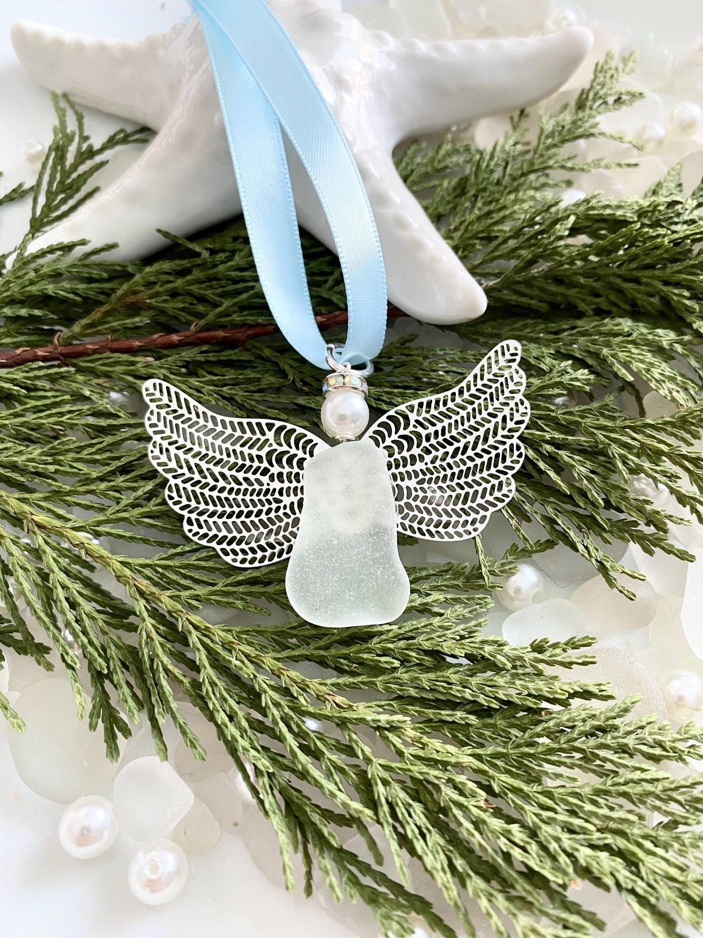 Sea Glass Angel Ornament Memorial Gift Christmas Gift for her Guardian Angel Gift Ornaments Car Charm Angel Wings Sun Catcher Grief Gift