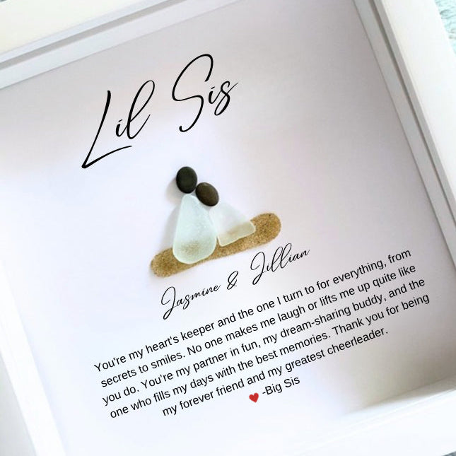 white framed sea glass art with quote personalized with two names for little sister from big sister. 