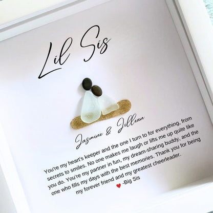 white framed sea glass art with quote personalized with two names for little sister from big sister. 