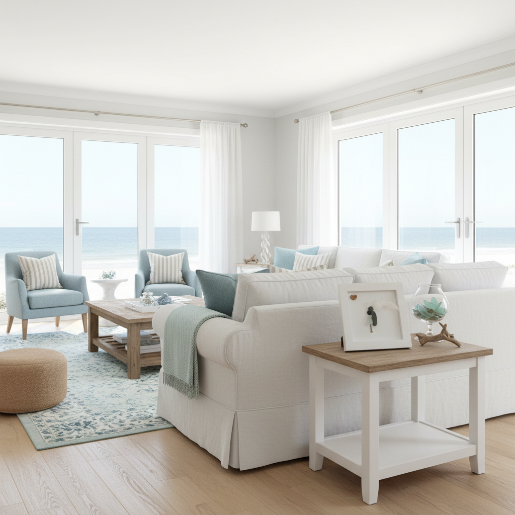 Modern living room with white sofa, wooden coffee table, and large windows.