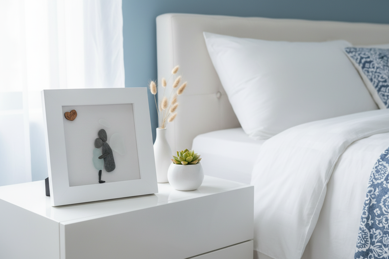 White nightstand with framed artwork and small plant next to a bed with white bedding and decorative pillows.