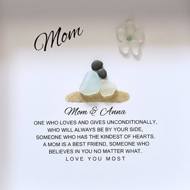 Personalized mother daughter sea glass art gift for Mom in a white shadowbox frame, featuring custom names and handmade coastal-inspired design