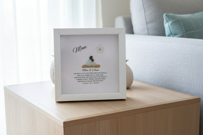 Framed picture of a poem for 'Mom' on a wooden surface with a blurred background
