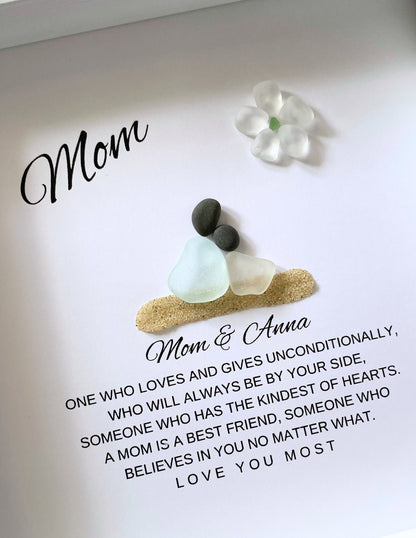 Personalized mother daughter sea glass art gift for Mom in a white shadowbox frame, featuring custom names and handmade coastal-inspired design