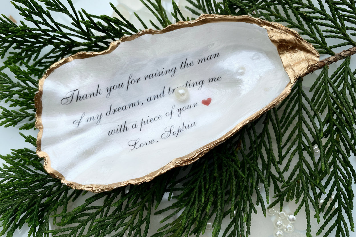 Oyster Shell ring dish with gold gild trim and text