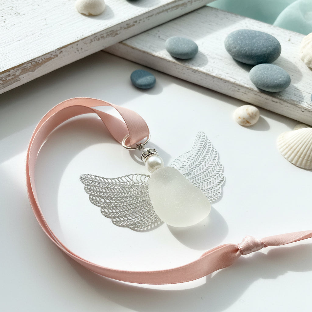 Sea glass angel ornament with a whitish sea glass body, silver metal wings, a rose gold satin ribbon hanger, and a cream pearl-like head inside of a white gift box