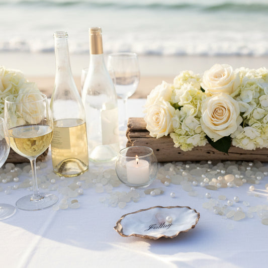 A beautiful Oyster Shell place card personalized on the center of a table setting with white flowers, wine bottles, and glasses on a beach.