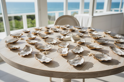 Round wooden table with oyster shell wedding favors arranged on it, set against a scenic ocean view.