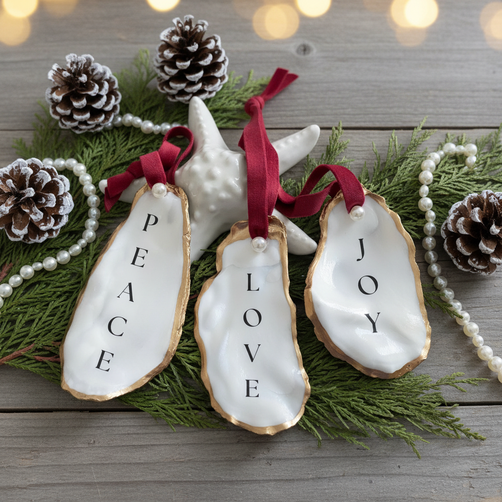 personalized oyster shell christmas ornament peace love joy coastal holiday ornament with red ribbon a pearl and gold gild trim