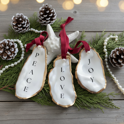 personalized oyster shell christmas ornament peace love joy coastal holiday ornament with red ribbon a pearl and gold gild trim