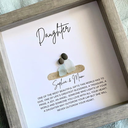 Framed artwork with 'Daughter' and 'Sophia & Mom' text, featuring two small figures and a quote.